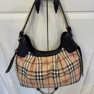 BURBERRY Chocolate Brown Leather Haymarket Check Coated Canvas Chain Strap Hobo